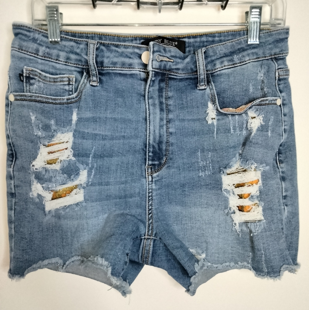 Judy Blue (Size L) Blue Stretch Distressed Floral Pattern Zip Fly Denim Shorts